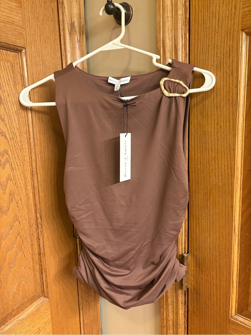 Sleeveless Brown One-Shoulder Tank with Gold Buckle